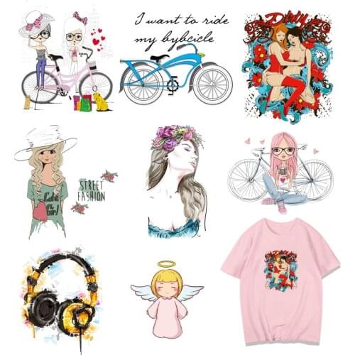 Girl Iron on Patches for Clothing DIY T-shirt Dresses Appliques Heat Transfer Bicycle Stickers Stripes on Clothes Thermal Press