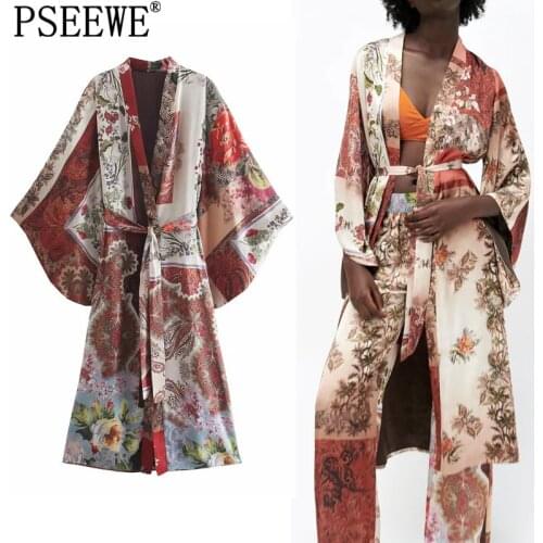 PSEEWE Za Women Blouse Patchwork Long Woman Kimono Vintage Print Belt Long Sleeve Kimonos Summer 2021 Japanese Beach Kimono Top