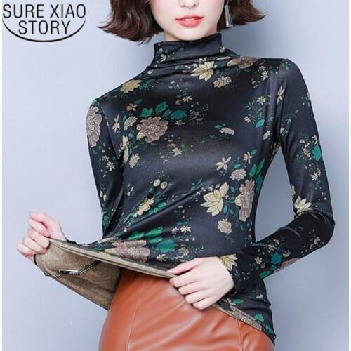 Autumn Women Shirts 2021 Plus Szie Tops 4XL Long Sleeve Shirt Women Print Turtleneck Office Lady Womens Clothing Slim 7464 50