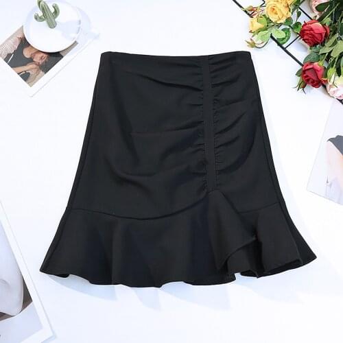 Zipper vestidos chic ruffles skirts Womens Casual High-Waisted Elegant Skirt Thin ruffles Solid Hip Skirt Jupe Plissee Femme