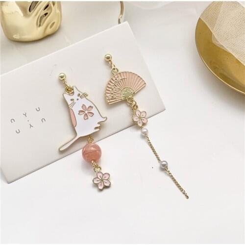 Fashion jewelry accessories metal enamel sakura cat fan earrings for women