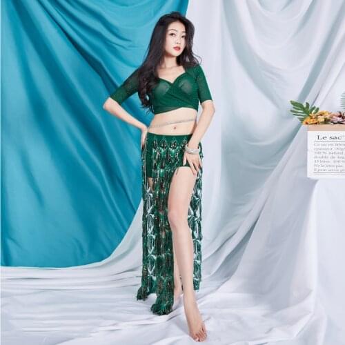 Patchwork Women Belly Dance Costume Sequins Outfit with Under-pants Fringes Long Skirts Girls Class Wear Top