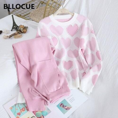 BLLOCUE New Autumn Fashion Sweet Love Print Beaded Pullover Blouse+High Waist Double Pocket Lace-Up Knitted 2 Piece Set Female