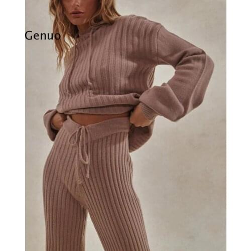 Hot Sale Knit Suit Solid Color Women Two Piece Outfit Warm Hoodies Loose Sweater Long Drawstring Pants Casual Set