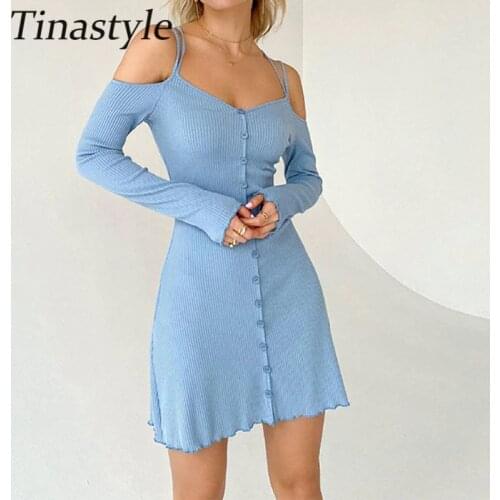 Tinastyle Elegant Long Sleeve Short Summer Dress Women Off Shoulder Strapless Bodycon Mini Party Dress Solid Ribbed Club Dresses
