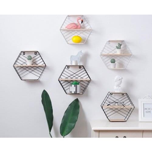 1PC New Nordic style Wooden Iron Art Hexagon Dubble Storage Rack Wall Hanging Home Organizer Shelf Holder Decoration Tool JL 260