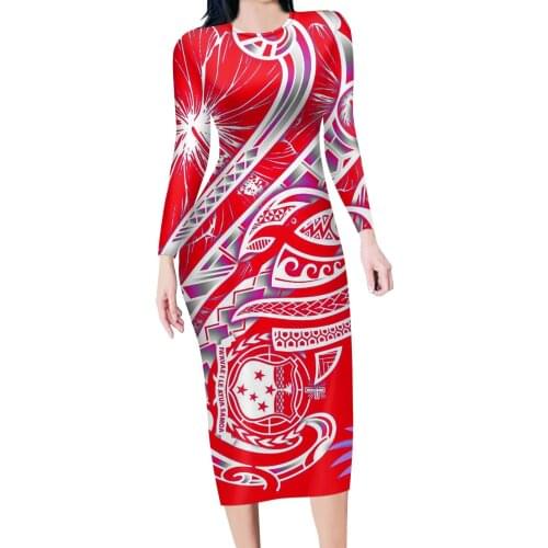 HYCOOL Polynesian Tribal Hawaii Flower Fashion Bodycon Casual Dresses Women Long Sleeve Clubwear Autumn 2020 Color Party Dress