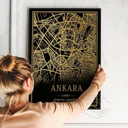 Turkey Ankara Map Art Poster, Black Golden Ankara Satellite Image Line Art Prints, Nordic Vintage Geographic Position Wall Decor