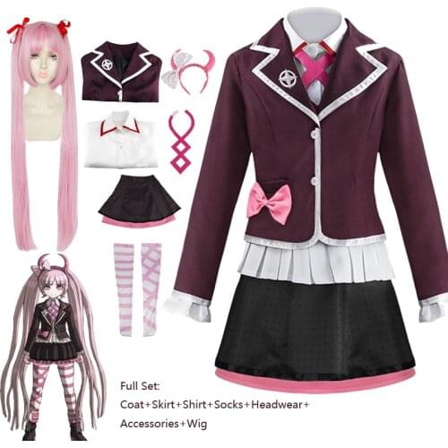 Costume Utsugi Kotoko Cosplay Wig and JK Uniform Danganronpa Another Episode Pink Long Hair Halloween Woman Party Clothes