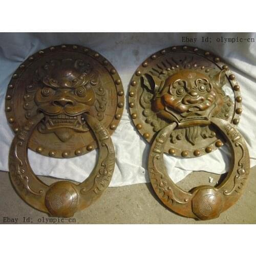 L 45 cm China Brass carved finely luck lion and tiger knocker pair statues