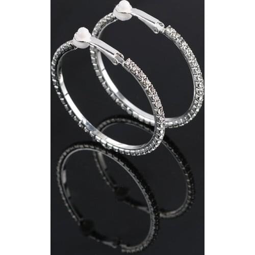 Fashion Silver Big Round Shape Rhinestone Clip on Earrings for Women Ear Clips Oorbellen Brincos Earrings Female 2018 Jewelry