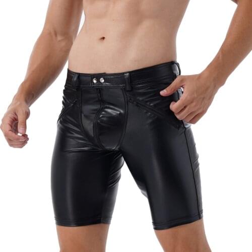 Mens Leather Tight Shorts Full Zipper Front Button Snap Closure Workout Gym Middle Pants for Sports Workout Running Fitness