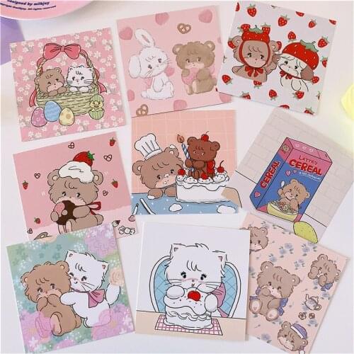 Ins Japanese Cartoon Cat Bear Postcard 9 Sheets Retro Wall Sticker Creative Bookmarks Decorative Card Gift Kawaii Photo Prop