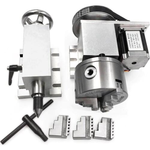 Rotary Axis 4th Axis Tailstock Hollow Shaft 3-Jaw Lathe Chuck 100mm Rotational Axis Nema23 Stepper Motor Set for Router Machine