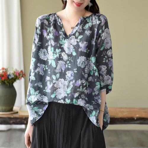 V-Neck Cotton Blouses Plus Size Tops Femme Bluse Summer New Arts Style Women 3/4 Sleeve Loose Shirts Vintage Print