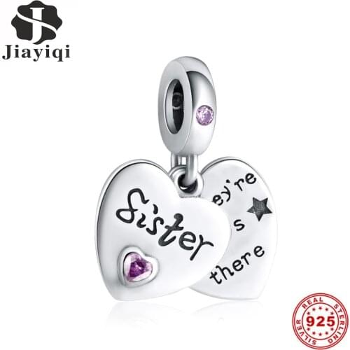 Jiayiqi Sister Friendship Heart-Shaped Charms 925 Sterling Silver CZ Beads Fit Women Charms Silver 925 Original Jewelry