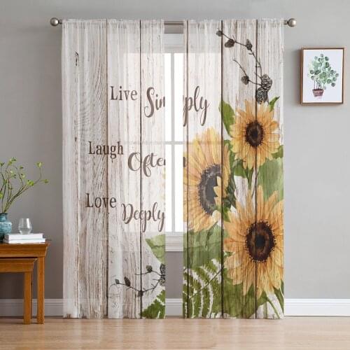 Retro Wood Sunflower Modern Curtains For Living Room Transparent Tulle Curtains Window Sheer For The Bedroom Accessories Decor