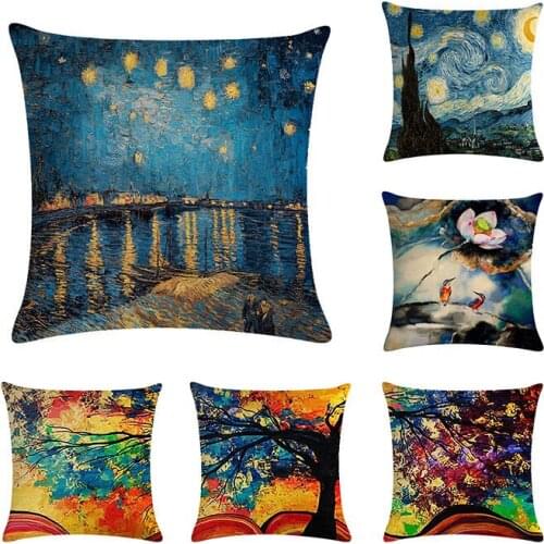 World Famous Painting Decorative Wave Cushion Covers Linen Colorful Tree Throw Pillow Case for Sofa Car Seat Textile ZY231
