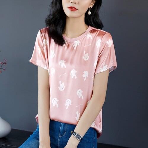 2020 Summer Natural Silk Women Pink Tees Tops Fashion O-neck Short Sleeve Print Tee-shirts Real Slik Loose Casual Female T-shirt