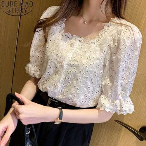 2021 Summer Korean Short Sleeve New Sweet Lace Shirt Women Square Collar Hollow Out Blouse Fashion Elegant Clothes Blusas 13934