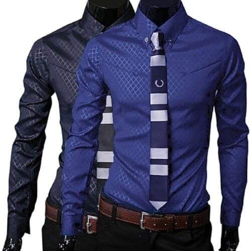 Fashion Men Shirt Long sleeve Argyle Luxury Business Style Slim Fits Long Sleeve Casual Dress Shirt Work Men Casual Shirt