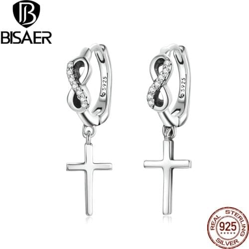 BISAER Genuine 100% 925 Sterling Silver Zircon Creative Cross Ear Buckles Hoops Earrings Women Girls Fashion Jewelry Gift EFE474