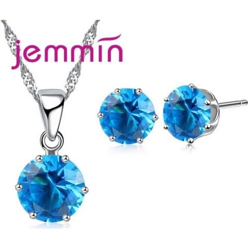 New Arrival Factory Price 8 Colour Crystal 925 Sterling Silver Stud Earrings Necklace Set Women Party Jewelry Set
