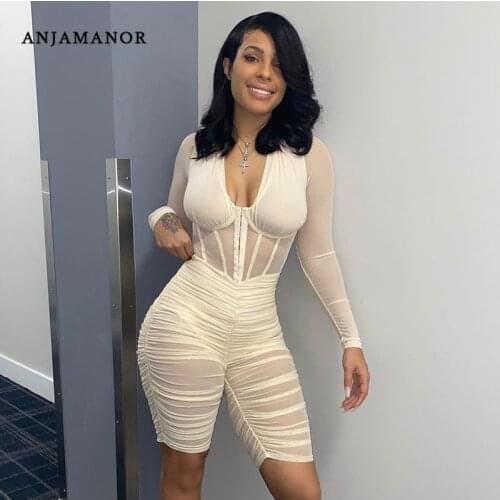 ANJAMANOR Sexy Sheer Mesh Bodycon Jumpsuit Women Clothing Fashion 2021 Long Sleeve Shorts Rompers Playsuits Club Outfits D85CE15