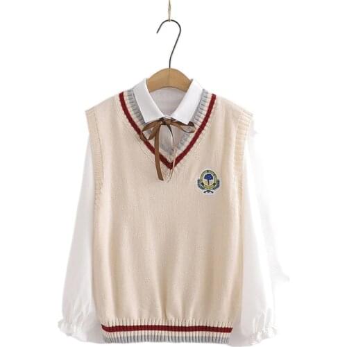 2 Piece Set Women Appliqué Embroidery Japan Style Knitted V-neck Vest Shirt Girl Two Piece Sets 205477