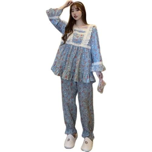 Women Vintage Home Suit Lolita Princess Pyjamas Set Loose Embroidery Flower Print Pajamas Suit Lounge Wear Long Sleeve Pants