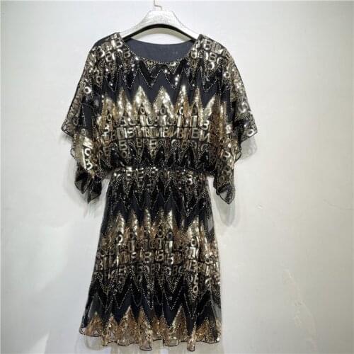 Charleston Dress Women Vestido Shiny Bat Sleeve Sequin Beading Straight Party Sexy Black vintage women Elastic waist