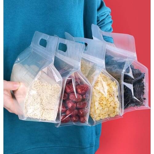 200Pcs/Lot Wide Mouth Transparent Resealed Ziplock Stand Up Pouches Reusable Snack Nut Bean Rice Grains Food Bag with Handle