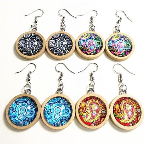 24pairs/lot Mandala earrings Wood Tray Cabochon with Bandanna Buddhism Glass Cabochon Drop Earrings for women girl party gift