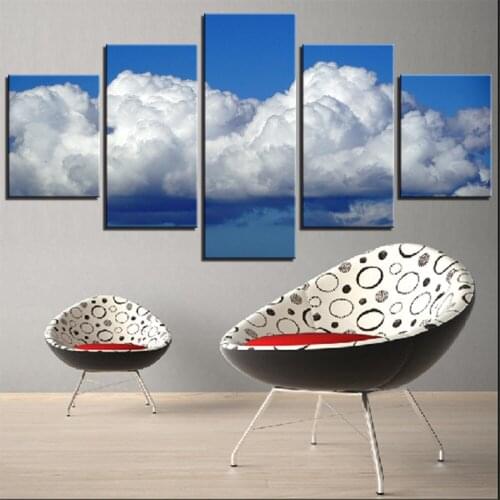 5 Pieces White Clouds Canvas Wallpapers Blue Sky Painting Fresh Pictures Abstract Posters For Home Bedroom Decor Modern Artwork