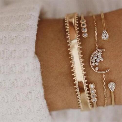 4 Pcs/set Gold Color Moon Star Geometry Crystal Opal Bracelets for Women Boho Cuff Bracelet Bangle Set Party Jewelry Wholesale