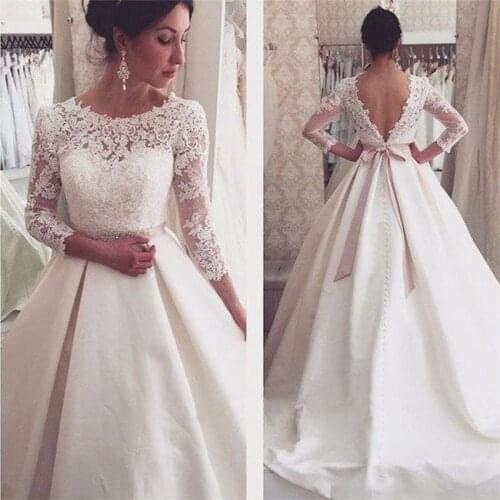 Elegant White Lace Appliques Backless Wedding Dresses 3/4 Sleeves Simple Bridal Dresses V Back Cheap Scoop Wedding Gowns