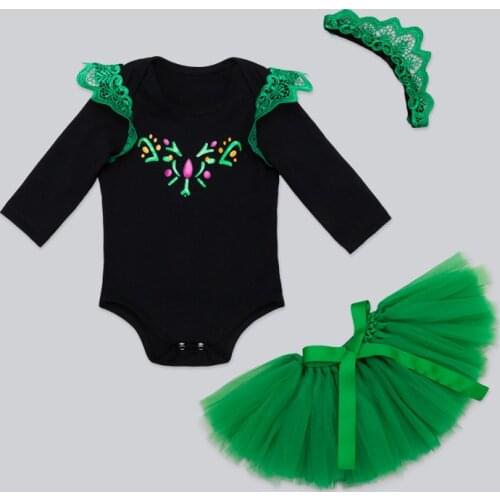 Ice Anna Costume Baby Girls Outfit Bebe Kids Lace Romper Tutu Jumpsuit Overall Children Baby Infant Clothing 3PCS Green PHBC016