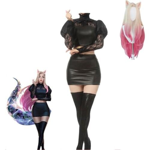 Game LOL KDA Ahri Cosplay Costumes Sexy Black Uniform Sock Skirt Wig Full Sets Role Play Costume Women Girls Halloween Carnival