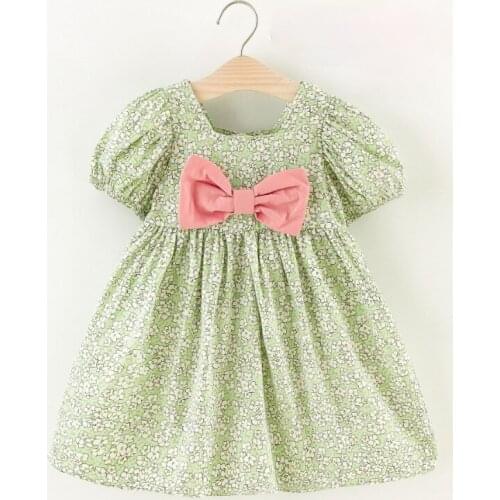 Summer Girls Dress New Childrens Dress Bow Floral Print Short Sleeve Party Princess Dress Kids Clothes Baby Girl Clothing 0-6Y