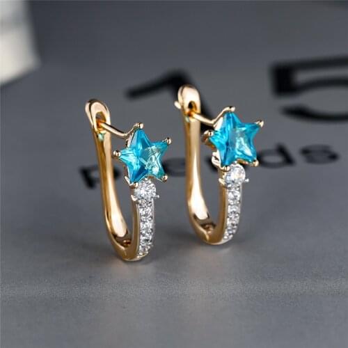 Trendy Female Aqua Blue Zircon Earrings Charm Rose Gold Color Clip Earrings For Women Dainty Crystal Star Wedding Earrings