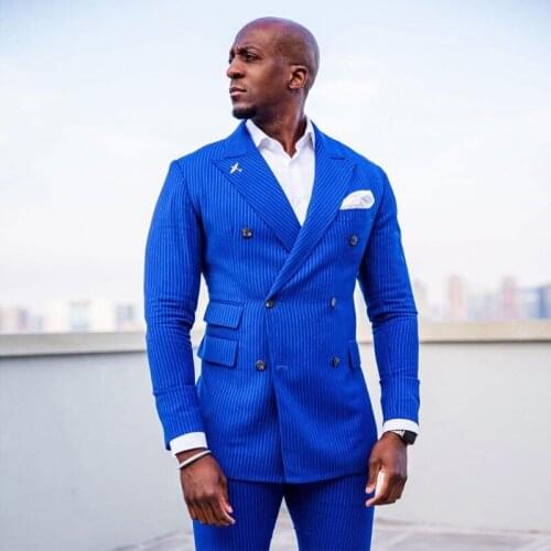 Blue Vertical Stripe Mens Suit Peaked Lapel For Wedding Blazers Double Breasted Male Tuxedos Groom Wear Prom Jackets With Pants