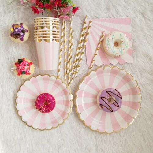 8pcs Gold Foil Pink Striped Disposable Tableware Set Birthday Party Decorations Kids Party Supplies Paper Plates Cake Dish