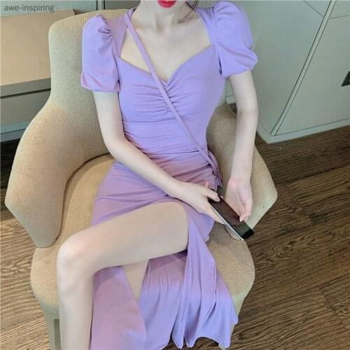 2021 Summer New Gentle Puff Sleeve Dress Womens Slit Irregular Slim Skinny Temperament Mid-length Skirt Fashion