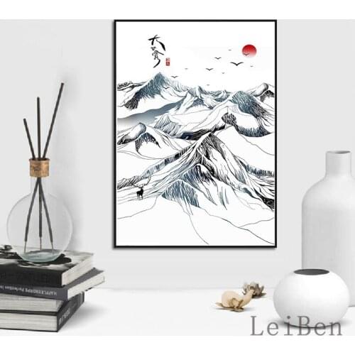 New Chinese Style Asuka Red Sun Deer Ink Landscape Mountain Painting Wall Art Canvas Poster For Living Room Study Home Decor