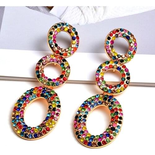 Wholesale Fashion Round Metal Colorful Crystals Long Dangle Drop Earrings Fine Jewelry Accessories For Women Christmas Gift
