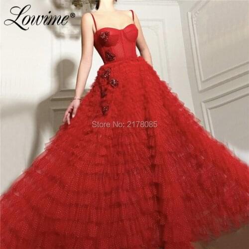 Amazing Crystals Tulle Party Dress Custom Tiered Red Evening Gowns 2019 Arabic Islamic Sexy Prom Dresses Robe De Soiree