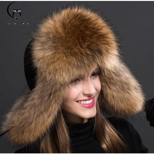 Luxe Siberian Style Fur Hat Russian Raccoon Full Ushanka Hat for Women 2018 NEW Natural color fur hat