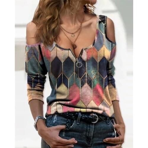 Spring Summer Womens Top Tee Plus Size Geo Print Colorblock Cold Shoulder Long Sleeve T-Shirt Femme Vintage Clothing 2021 New