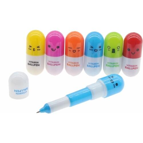 6pcs Cute Smiling Face Pill Ball Point Pen Novelty Stationery Telescopic Vitamin Capsule Ballpen For School Use