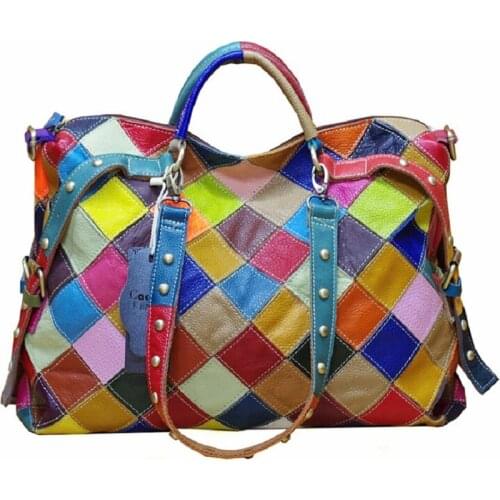 Women Casual Tote Hand Bags Rivet Colorful Cow Leather 2019 New Woman Fashion Lady Handbags Patchwork Shoulder Crossbody Bags